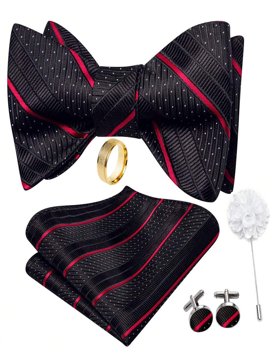 5Pcs Men Red Stripe Paisley Jacquard Hand-Tied Bow Tie Pocket Square Cufflinks Ring Boutonniere Set, Cufflinks Pattern Random For Wedding - Red - View 1