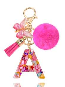 1pc Pink Letter Keychain, Initial Letter Car Key Chain Pendant, Cute Butterfly Tassel Fur Ball Charm For Girls Bag Key Ring Accessory, Halloween Gift Decoration, Suitable For Decorating Handbags, Wallets, Backpacks, Valentine's Day, Bachelorette Party Gift - Hot Pink - View 1