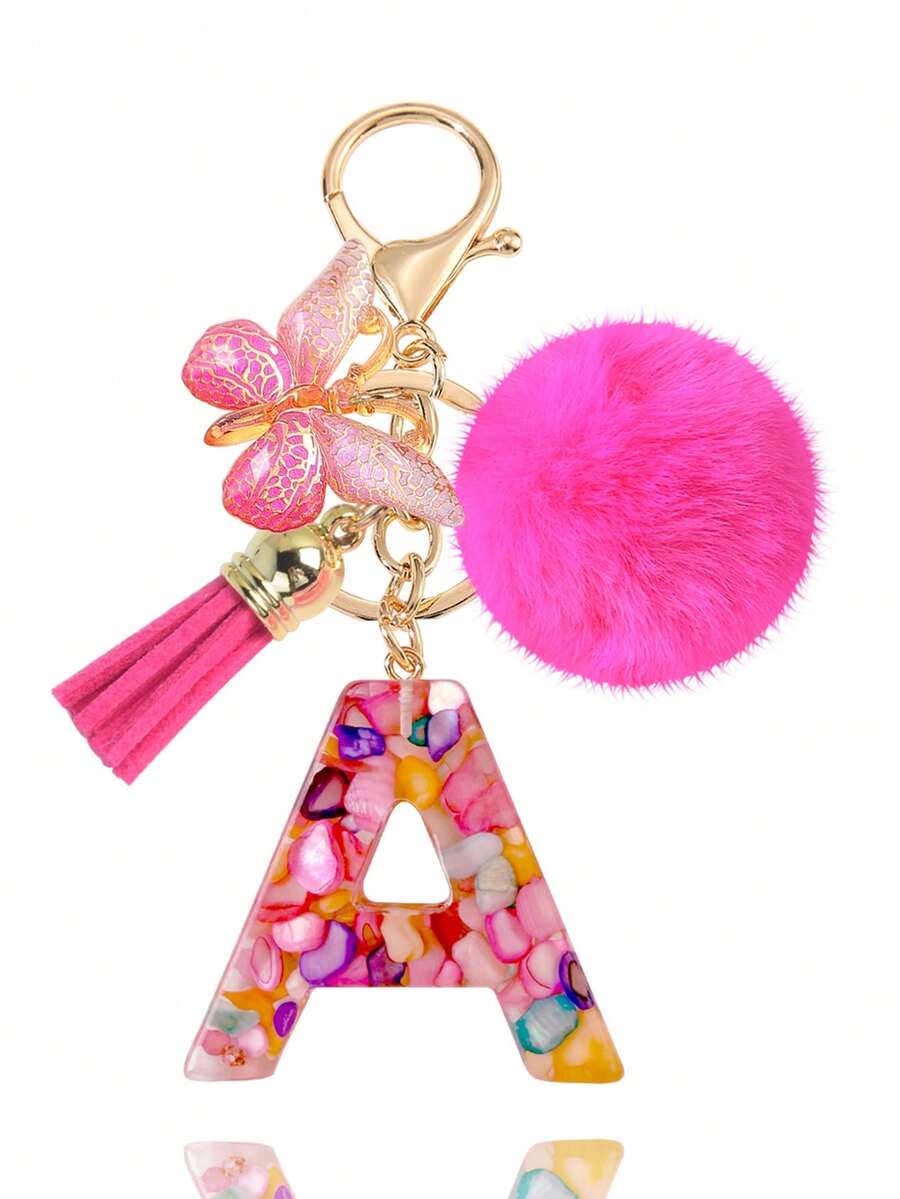 1pc Pink Letter Keychain, Initial Letter Car Key Chain Pendant, Cute Butterfly Tassel Fur Ball Charm For Girls Bag Key Ring Accessory, Halloween Gift Decoration, Suitable For Decorating Handbags, Wallets, Backpacks, Valentine's Day, Bachelorette Party Gift - Hot Pink - View 1