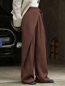 Women's Button Front Waist Wide Leg Pants, Elegant High Waist Solid Color Casual Long Trousers - Coffee Brown - View 8