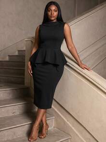 SUNSTORY Gaun Bodycon Wanita Elegan untuk Berpergian ke Kantor Sehari-hari, Nyaman, dengan Hiasan Ruffle di Bagian Bawah, Tanpa Lengan, Warna Polos, Cocok untuk Bekerja, Kain Kasual, Gaun Panjang Midi - Hitam - View 4