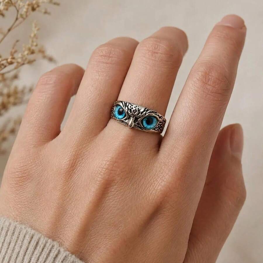 Owl Ring | Silver Solid Color Ring | Multi-Color Eyes Available | Animal Theme Jewelry For Hands Suitable For Men & Women Daily Wear Party Accessory - Multicolor - View 1