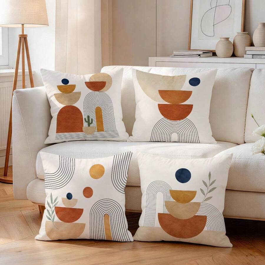 4pcs Bohemian Abstract Geometric Throw Pillow Covers, Minimalist Leaf & Cactus Print Pattern, Single-Sided Printed Pillow/Cushion Covers, Multi-Scene Decorative Pillow Covers Suitable For Living Room, Sofa, Bedroom, Pillow Inserts Not Included - Multicolor - View 1