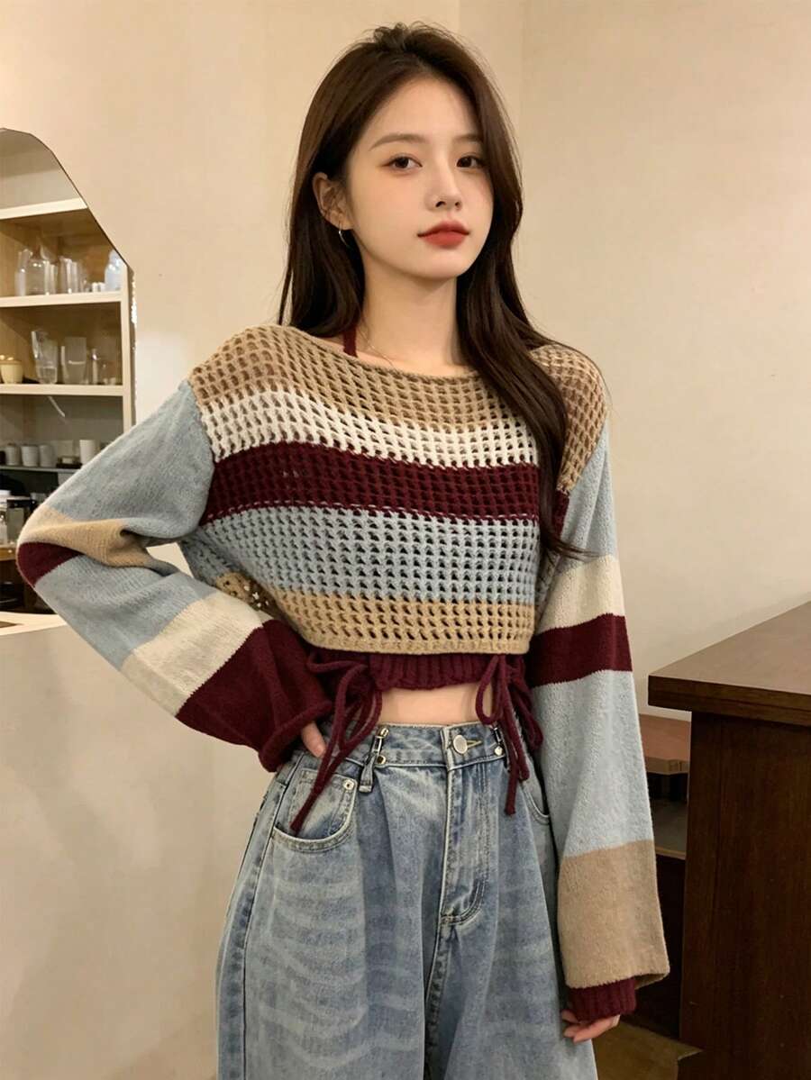 YCYC Korean Style Hollow Long Sleeve Knit Sweater & Spaghetti Strap Strap Tank Top Women 2 Pieces Set, Niche Design