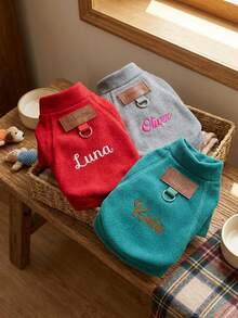 Custom Embroidered Name Dog Fleece Shirt, Stand Collar Warm Puppy Top With Harness D-Ring, Birthday Gift For Small Medium Dogs - 1 Set - View 4
