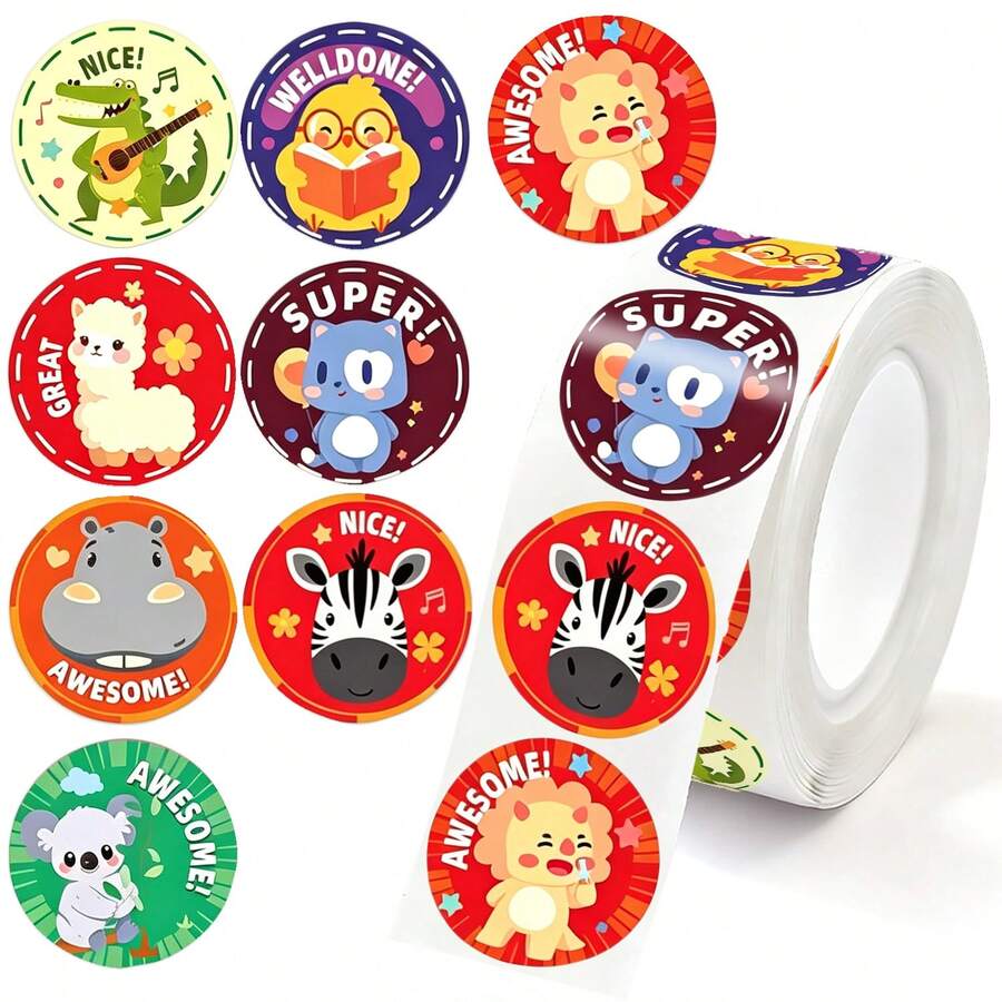 500PCS(1 Roll) Colorful Animal Good Stickers Suitable For Teachers, Adults, Parents, Classroom, School, Work, Learning, Training, Wow Stickers, Nice Word Stickers, Handmade Self-Adhesive Labels, Incentive Homework Nice Stickers, Back To School Stickers, School Opening Decoration Stickers, Back To School Gifts - Multicolor - View 1