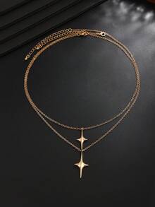 2pcs Gold Double Layer Four-Pointed Star Men's Necklace, Minimalist Cross Star Pendant Layered Chain, Versatile Luxury Accessory Gift For Autumn/Winter Shirts And Coats - 2pcs - View 8