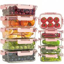 SHElN 10-Piece Glass Food Storage Containers Set, High Borosilicate Glass With Airtight Lids, Stackable & Microwave/Dishwasher , For Meal Prep, Office Lunch & Leftovers - Pink - View 3