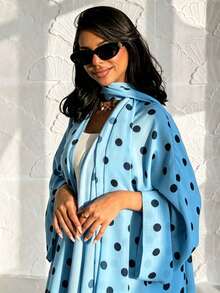 Fashion Casual Polka Dot Minimalist Arabic Jacket With Headscarf For Commuting - Baby Blue - View 5