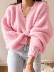 Women's Oversized Pink Fuzzy Knit Sweater | Casual Loose Crewneck Pullover Tops | Soft Warm Chunky Balloon Sleeve Knitwear For Fall Winter - Pink - View 10