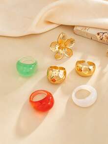 Bộ 1 nhẫn hoa resin và kim loại nhiều màu, nhẫn dày phong cách vintage có thể đeo chồng, trang sức ngón tay boho nổi bật cho nữ, phụ kiện đeo hàng ngày và dự tiệc - Nhiều màu - Xem 5
