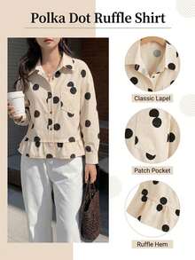 Women's Polka Dot Print Ruffle Hem Button Shirt, Casual Loose Long Sleeve Lapel Collar Blouse With Pockets, Spring Autumn Daily Wear - Yellow - View 9