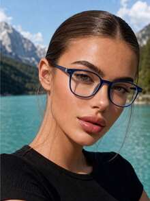 1pc Women's Royal Blue Eyeglass Frame, Classic Retro Rectangular Non-Prescription Glasses, Transparent Zero-Degree Lenses, Lightweight And Comfortable, Suitable For Daily Commute And Office Wear - Blue Transparent - View 8