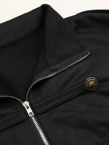 Autumn/Winter Solid Color Metal Buckle Epaulette Stand Collar Long Sleeve Cropped Slim Fit Utility Jacket, Daily Commute Vintage Outerwear Autumn Fashion - Black - View 6