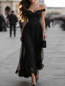 DONICY Elegant Blackoff-The-Shouldertullemaxidress, Romanticsweetheart Neckline, Fittedbodicewithlayeredtulleskirt, Perfect For Evening Parties And Weddings. - Black - View 9