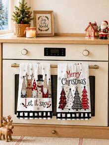 2pcs Christmas Cartoon Reindeer Snowman Christmas Tree Merry Christmas Illustration Pattern Kitchen Towels, Soft Polyester Material Dish Cloths, Suitable For Kitchen Decor, Kitchen Cleaning, Holiday Party Decoration, Kitchen Bathroom Supplies Home Essentials, Home Decor, Housewarming Gift - Multicolor - View 6