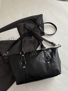 Women's Y2K Punk Style Faux Leather Rivet Buckle Decor Handbag, Vintage Gothic Large Capacity Crossbody Shoulder Bag, Suitable For Daily Streetwear - Black - View 5