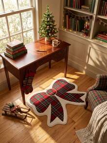 1pc Christmas Bow Plaid Rug, Suitable For Entryway, Front Door, Living Room, Perfect For Christmas Home Decor, Made Of Soft Fabric, Non-Slip Backing, Warm And Easy To Clean, Decorative Rug, Bedroom Decor, Small Rug, Carpet, Home Decor, Living Room Rug, Living Room Small Rug, Bedroom Rug, Living Room Home Decor, Outdoor Rug, Washable Rug - Multicolor - View 2