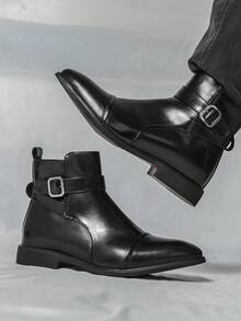 ZCZ Men Cap‑Toe Buckle Ankle Boots, Side Zip Pointed Toe Low Heel Vintage Business Casual Short Boots - Black - View 6