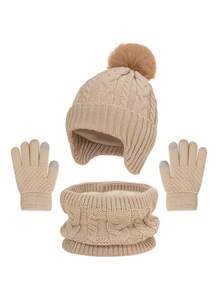 3pcs Kids Hat, Gloves And Scarf Set, Cable Knit Woolen Hat With Pom Pom, Warm Ear Protection For Boys And Girls, Autumn/Winter Warm Set - 3pcs - View 6