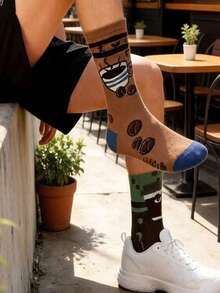1/2 Pairs Creative Coffee Print Mid-Calf Socks For Women, AB Style Fun Coffee Bean Cartoon Pattern Socks, Versatile Casual Socks - Multicolor - View 2