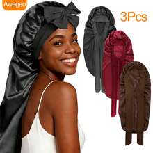 Awegeo 3Pcs Long Satin Sleep Bonnet With Bow Tie Band, Silky Night Hair Cap For Long Braids Curly Hair - Multicolor - View 6
