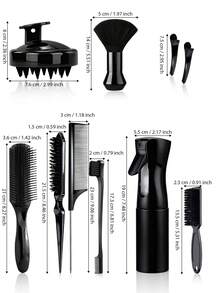 11Pcs Hair Styling Tools Kit, Solid Black Glossy Design, Durable Plastic & Nylon Bristle, For Salon & Home Hair Styling, Includes Scalp Massager, Spray Bottle, Combs, Brushes And Hair Clips - Black Suit - View 2