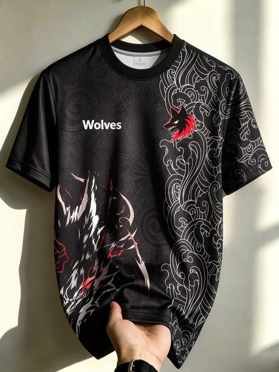 British Wolf Team Men's Football Jersey, Soft Sports Top With Wolf Graphic Print, Suitable For Matches, Gifts And Casual Wear - Black - View 1