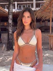 Bikinx Women's Sexy Backless Textured Bikini Set, Contrast Trim Playful Bottoms, High Elasticity Spaghetti Strap Swimsuit, Suitable For Vacation Beach Summer - Multicolor - View 2