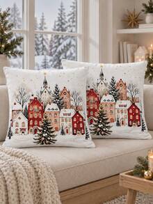 shangxia 2PCS--Nordic Snowy Town Cushion Covers, Hand-Painted European Style Small House Home Decor Pillowcases--(Pillow Insert Not Included)-(Multiple Sizes) - Multicolor - View 11
