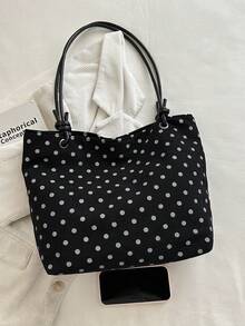Corduroy White Polka Dot Shoulder Tote Bag - Black - View 8