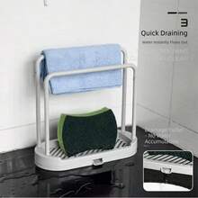 1 buah Rak Pengering Wastafel Dapur Multifungsi, Tempat Penyimpanan Kain Lap dan Spons 2 Tingkat, Rak Pengering Meja, Perlengkapan Pembersih Dapur Rumah Tangga, Dengan Baki Tetes yang Dapat Dilepas, Hemat Ruang - MultiWarna - View 1