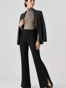 Women's Black High-Waisted Side Slit Flared Shaping Pant - Black - View 1