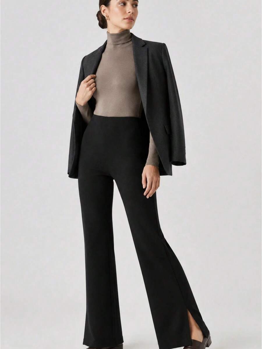 Women's Black High-Waisted Side Slit Flared Shaping Pant - Black - View 1