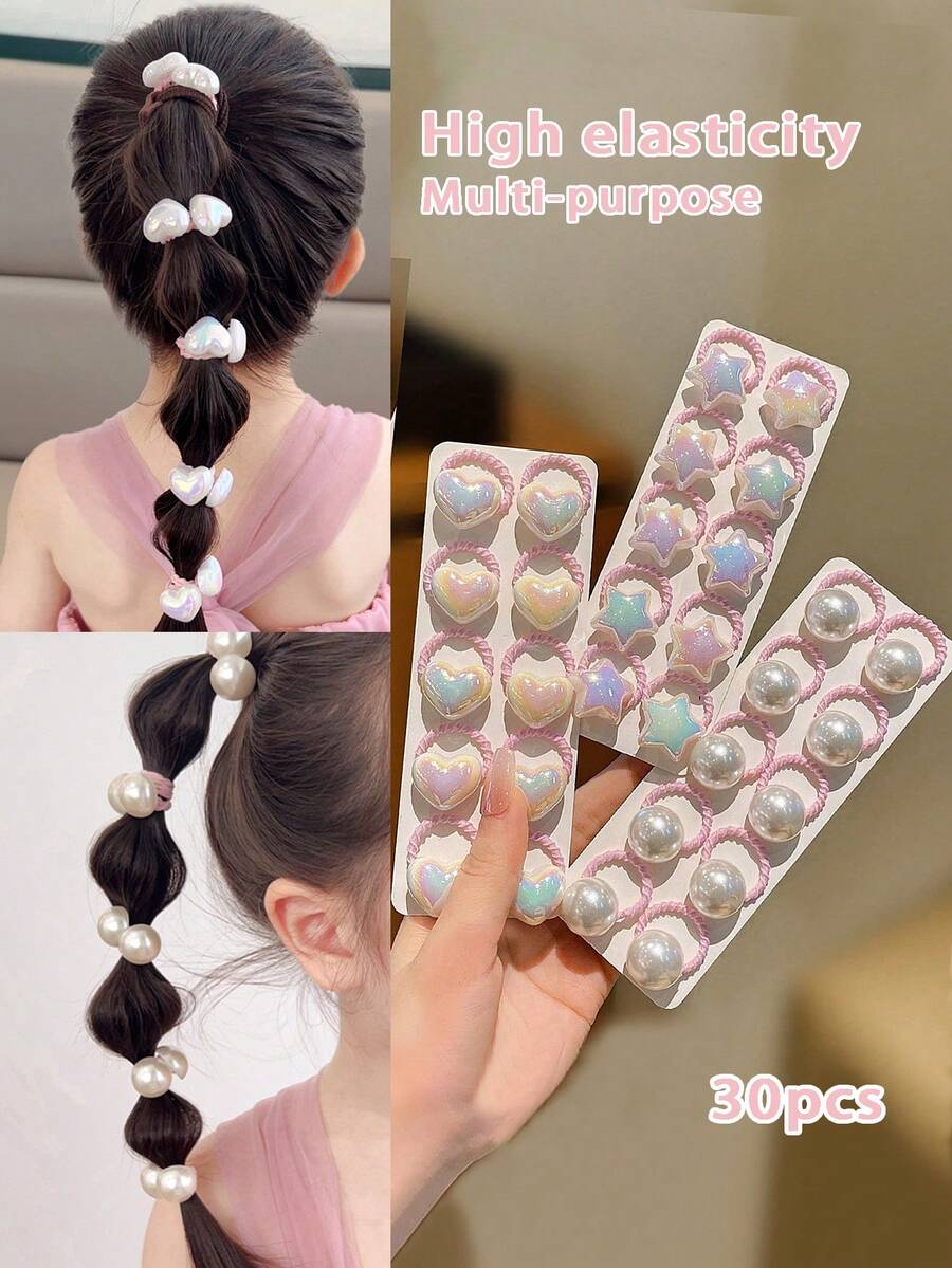 30pcs/10sets Pearl Heart & Star Hair Ties, Suitable For Children And Students Daily Wear, Fashionable And Sweet, Ideal Kids Hair Accessories
