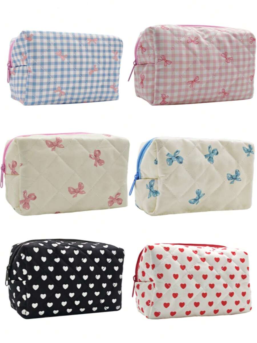 6/1pc Bow Quilted Makeup Bag, Mini Cosmetic Bag, Women's Simple Zipper Travel Bag, Lipstick Storage Pouch, Portable Travel Toiletry Organizer, Multi-Functional Storage Bag, Suitable For Home Storage, Outdoor Travel, Beach Vacation - Multicolor - View 1