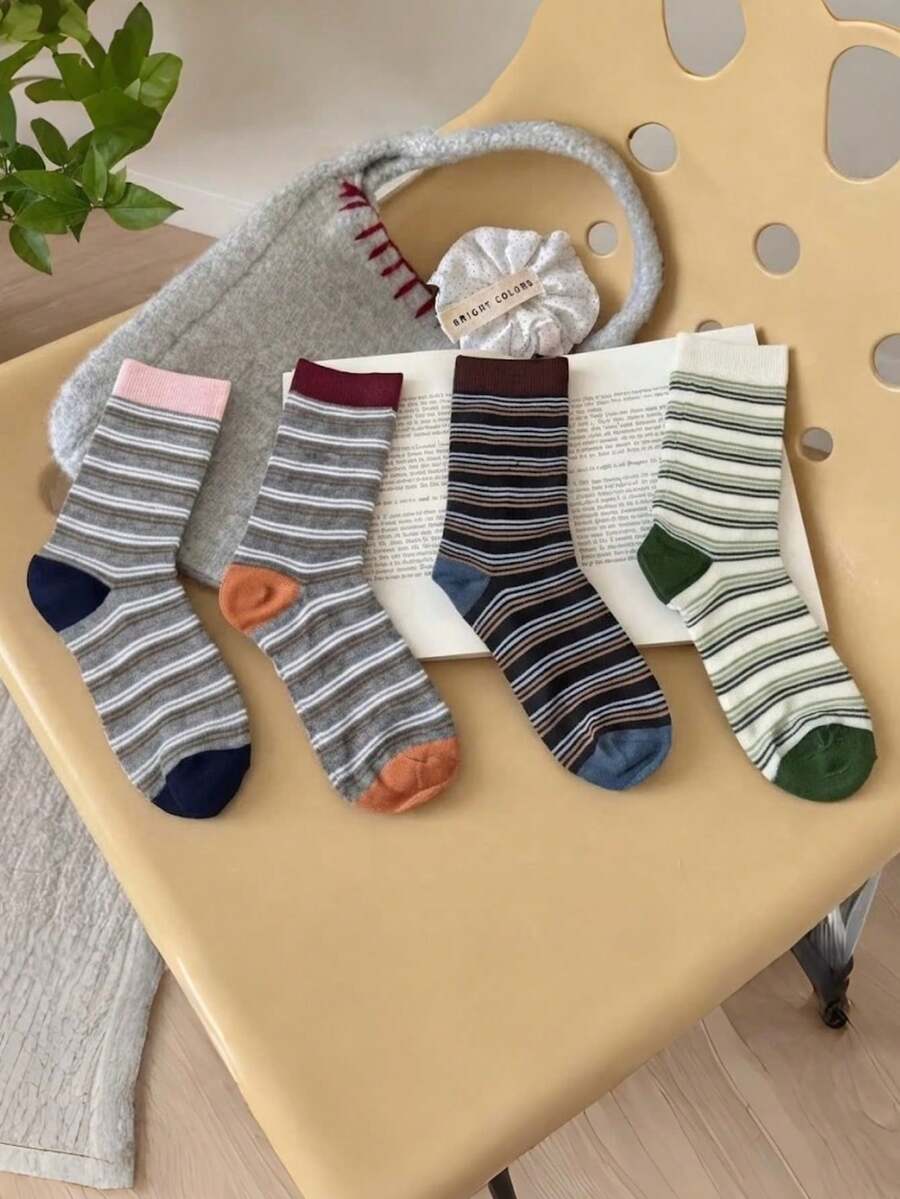 1/4 Pair All-Season Wearable Milk Coffee Striped Colorblock Versatile Comfortable Mid-Calf Socks - Multicolor - View 1