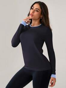 Leorrey 1 buah Kaos Olahraga Wanita Fashion Wol Leher Bulat Warna Blok Dua Potong Nyaman Lembut Lengan Panjang - Navy Blue - View 5