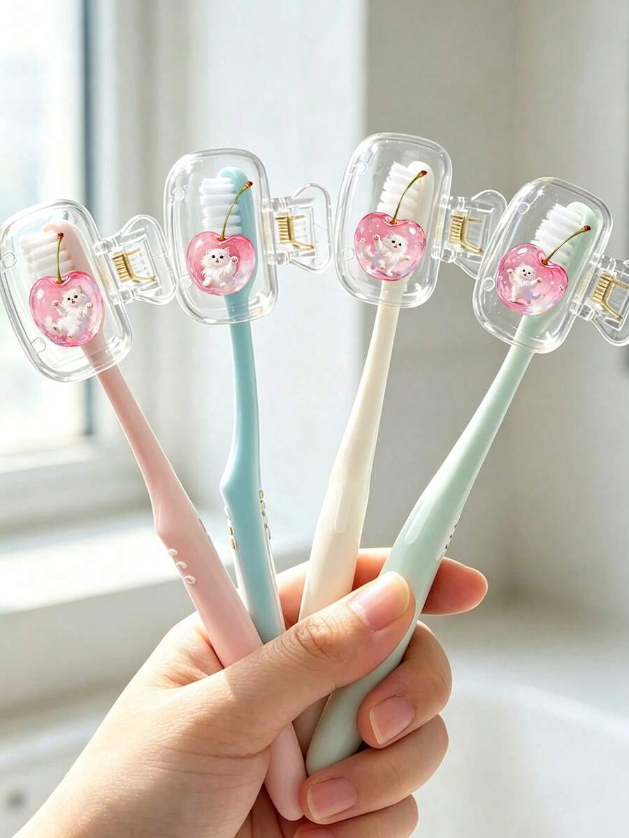 Toothbrush Cover Featuring Crystal-Effect Cherry And Cute Kitten Design (2d Flat Pattern). Cherry Dust-Proof Toothbrush Cover, Travel Toothbrush Storage Box, Portable Toothbrush Cap, Cute Bathroom Accessory, Suitable For Travel, Dorm, Hotel, Bathroom, Appropriate Home Supplies, Birthday Gift - Multicolor - View 1