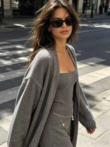 3 Pieces Set Elegant Style Bandeau Top + Buttonless Long Cardigan + Casual Versatile Loose Wide Leg Pants Women's Clothing - Dark Grey - View 6