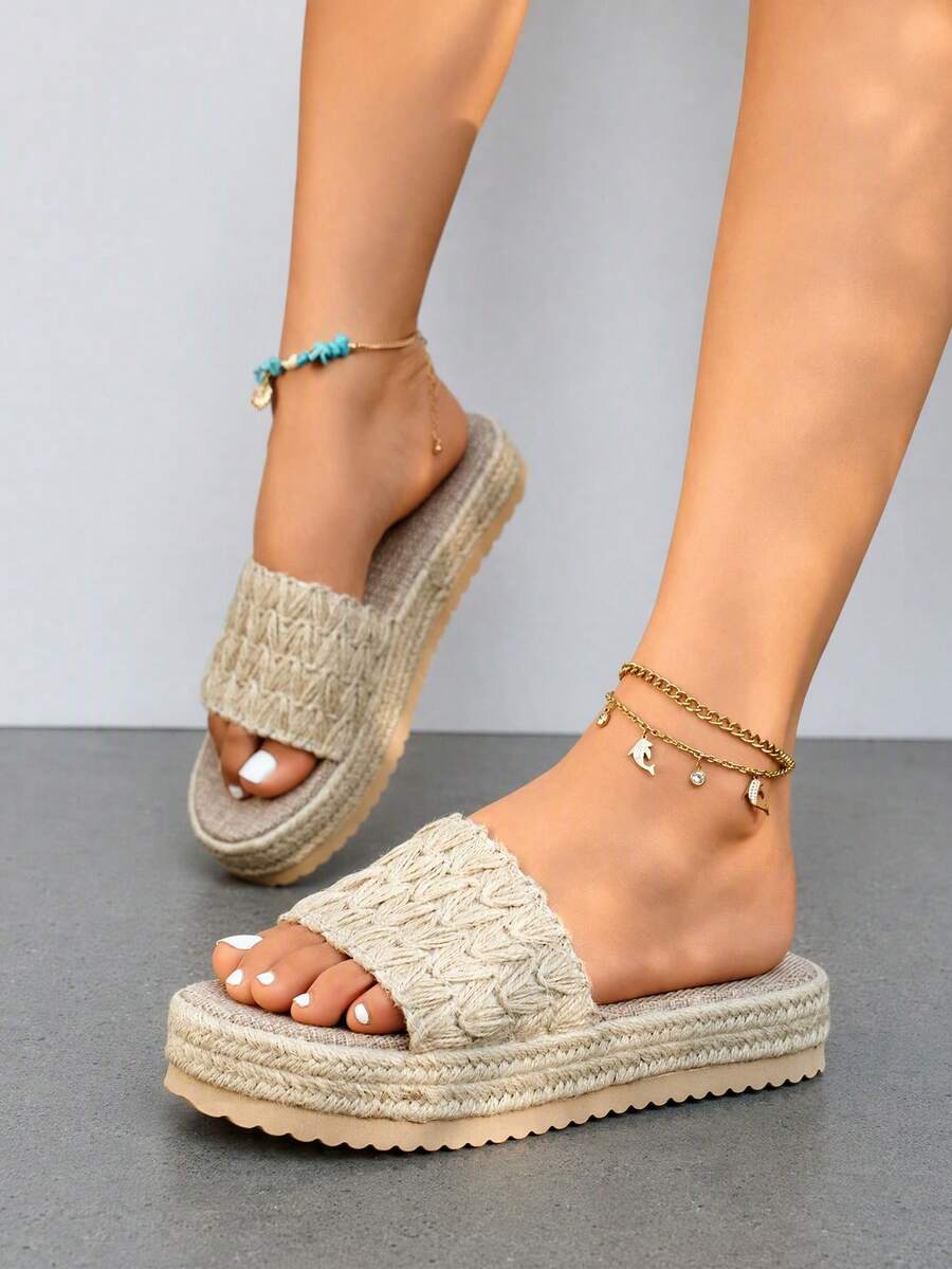 Women's Fashion Casual Khaki Fabric Upper Crocheted Rope Detail Thick Sole Lightweight Sandals, Round Toe Open Toe Classic Slip-On Raffia Woven Platform Slide Sandals, Suitable For Daily Life, Commuting, Office, Outing And Vacation,Wedge Sandals,Summer Outfits