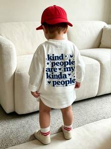 Infant Boy Vintage Face & Text Print Long Sleeve Top, Kind People Slogan Crew Neck T-Shirt, Soft Daily Autumn Outfit For Newborn Baby Boy - White - View 1