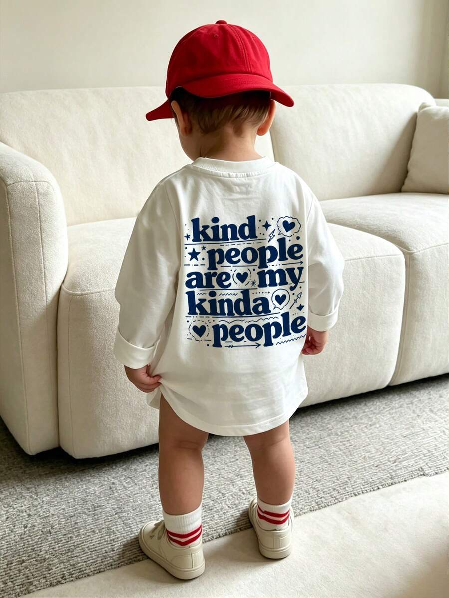 Infant Boy Vintage Face & Text Print Long Sleeve Top, Kind People Slogan Crew Neck T-Shirt, Soft Daily Autumn Outfit For Newborn Baby Boy - White - View 1