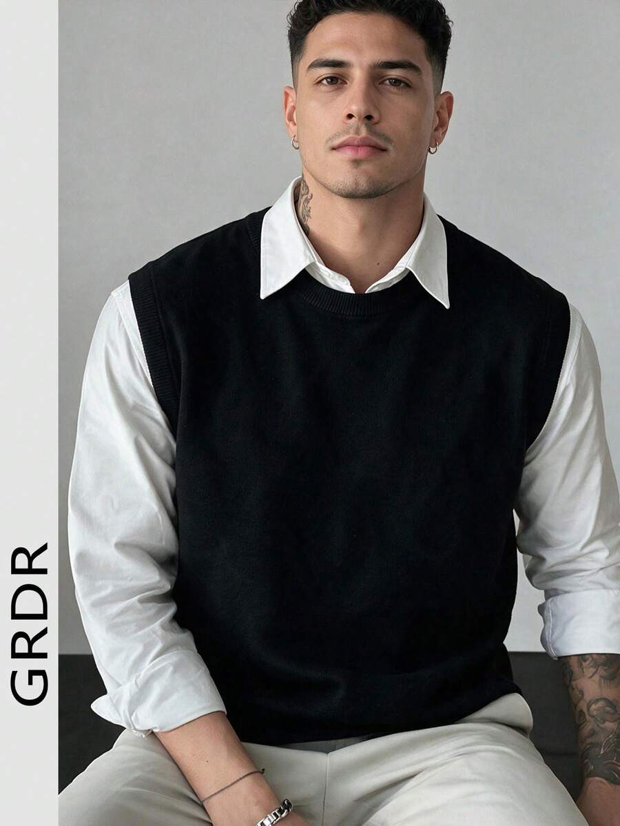 Rompi Rajut Pria GRDR Warna Polos Leher Bulat untuk Musim Gugur/Dingin, Hitam Dasar Kasual untuk Layering, Tank Top Tanpa Lengan - Hitam - View 1