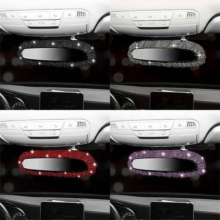 1pc Shiny Car Rearview Mirror Cover, Sparkling Rhinestone Elastic Rearview Mirror Protective Sleeve, Women Girls Car Interior Rearview Mirror Decorative Accessory, Universal Fit - A - View 1