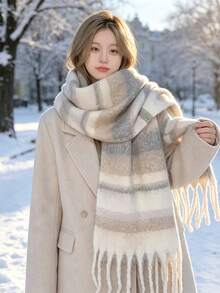 1pc Striped Scarf, Comfortable And Warm, Thick Striped Design, Autumn/Winter Warmth, Suitable For Outdoor Wear, Cute And Elegant - Multicolor - View 2