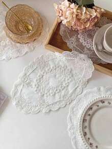 1pc European Style Embroidered Lace Tray Mat, Round Hollow Lace Edge, Suitable For Jewelry Display, Vintage Dining Mat - Multicolor - View 1
