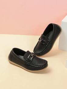 New Kids' Slip-On Loafers, Metal Buckle Round Toe, Versatile Lightweight Casual Shoes, Runs Small By One Size, British Style - Black - View 3