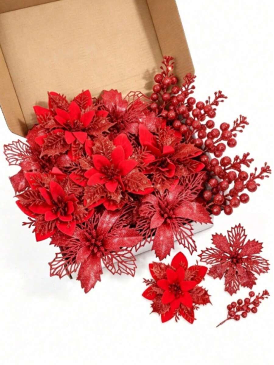 10/18pcs Artificial Shiny Christmas Flower Set, Includes 8 Christmas Flowers And 8 Clips, Easy Installation & Maintenance Free, Suitable For Wedding Celebration, Christmas Tree, Wreath And Decoration - Christmas Flower Set - View 1