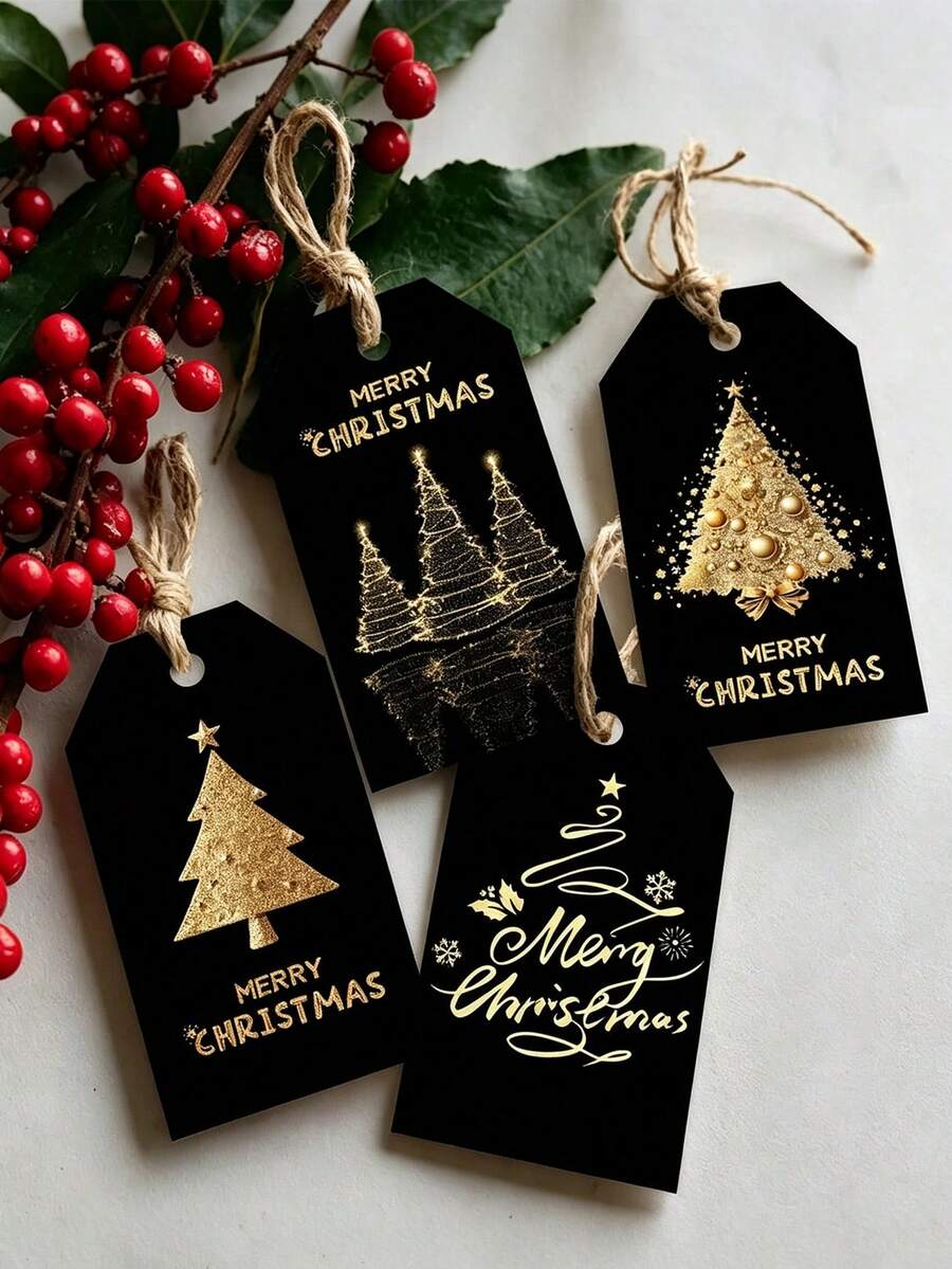 Elegant Black & Gold Christmas Gift Tags - Luxury Tree Design, Suitable For High-End Gifts, Decoration, Party And Craft, Holiday Greetings, Christmas Gift Tags, Party Gift Tags, Elegant Style, Paper Tags - Multicolor - View 1